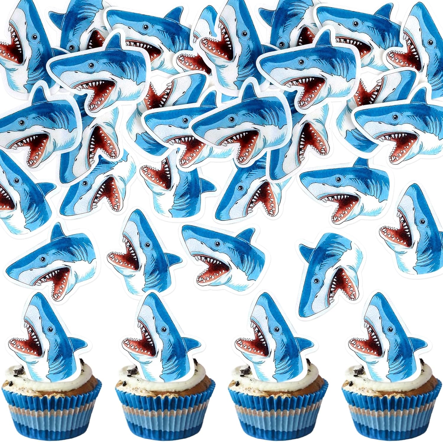 Ercadio 50Pcs Edible Shark Cupcake Toppers Baby Shower Party Kids Birthday Cupcake Picks Ocean Animal Theme Birthday Party Cake Decorations Supplies