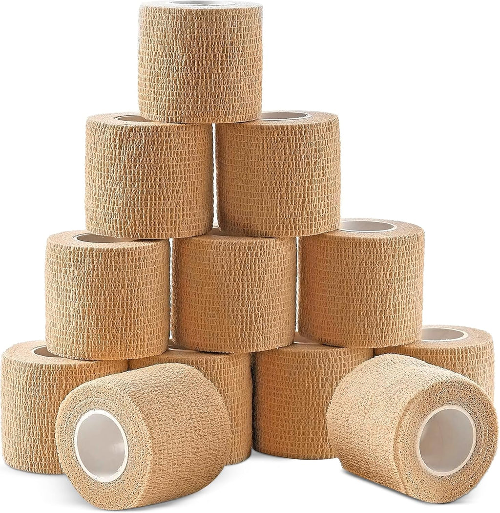 Ever Ready First Aid Self Adherent Cohesive Wrap Bandages, 2” x 5 Yards for First Aid, Sprains, Swelling, Sports, Pets, Tan Color – 12 Count