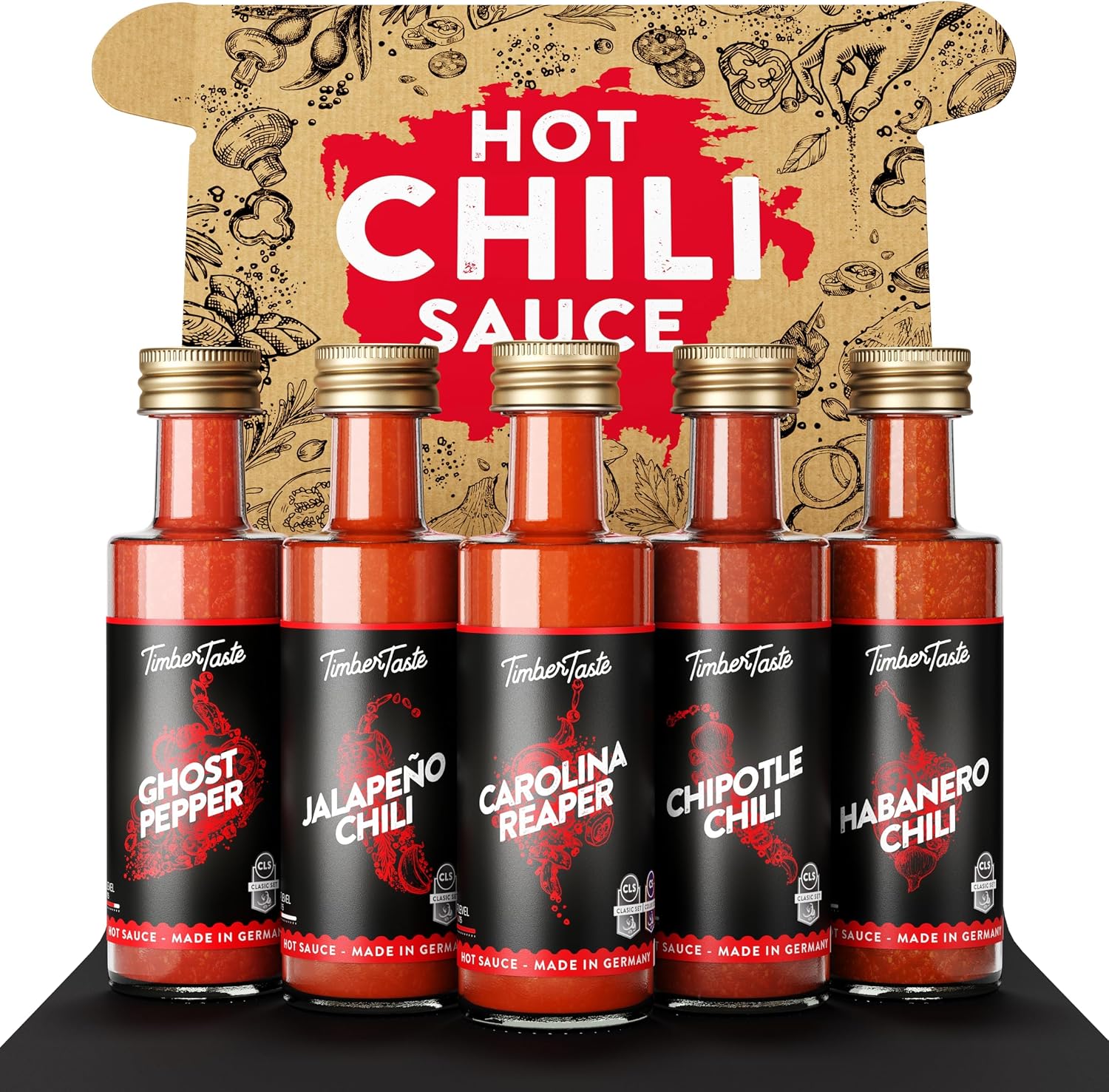 TIMBER TASTE® Hot Sauce Gift Sets [5x1.35 oz] - Hot Sauce Variety Pack of Classic Chili Condiments | Hot Ones Hot Sauce Style Sampler | Chili Gift Set in Mini Bottles for Men & Women Birthday