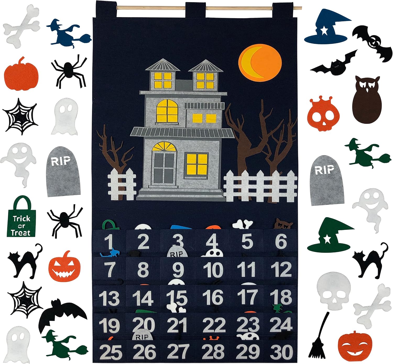Countdown to Halloween Advent Calendar for use at Home, School, Classroom, Office for use on Door or Wall with 30 Detachable Pieces for Many Years of Holiday Fun.