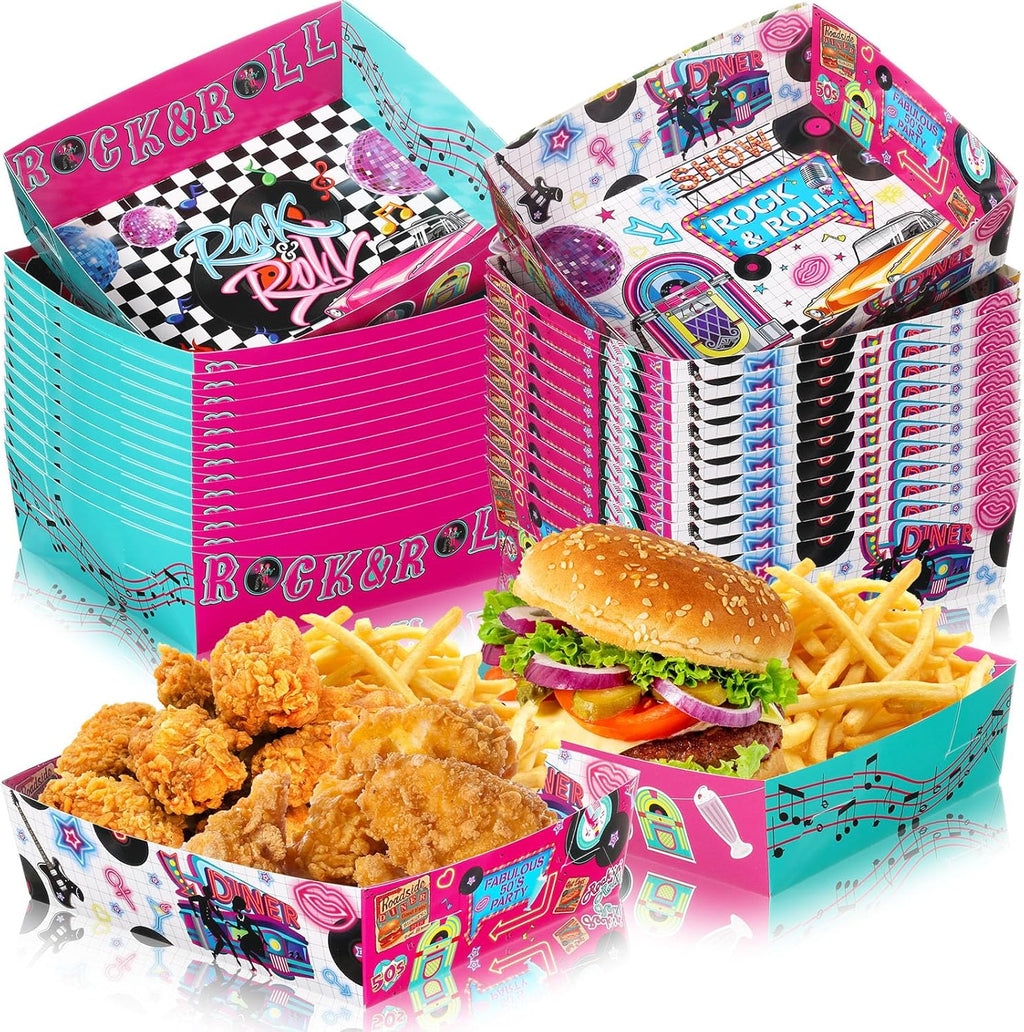 Layhit 36 Pcs 1950s Party Supplies 5 lb Food Boats Large Paper Serving Trays Burger Fries Hot Dog Taco BBQ Popcorn for Rocking Music Sock Hop Birthday 1950s Theme Party