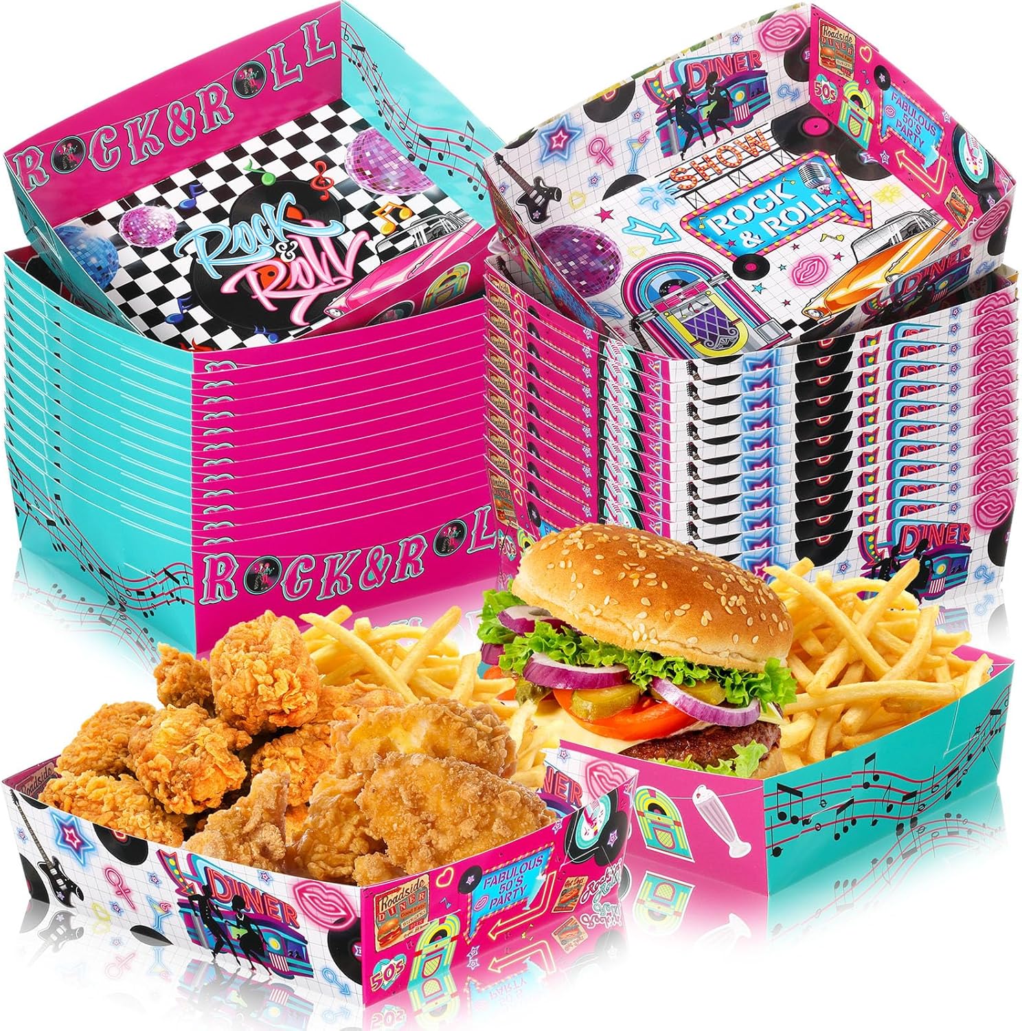 Layhit 36 Pcs 1950s Party Supplies 5 lb Food Boats Large Paper Serving Trays Burger Fries Hot Dog Taco BBQ Popcorn for Rocking Music Sock Hop Birthday 1950s Theme Party