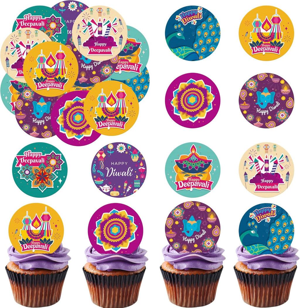36PCS Edible Happy Diwali Cupcake Toppers Wafer Paper Festival of Lights Cake Decorations Indian Castle Cupcake Picks for Deepavali Theme Party Birthday Decor Supplies (Happy Diwali 2)