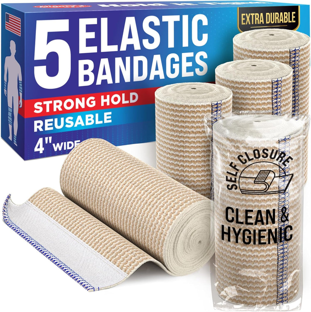 High-Performance Elastic Bandage Wrap - 4” (5pk) - Self-Closing Strong Compression Reusable Bandage Wrap for Leg, Ankles, Wrists, and Knees - for First Aid Kit and After Surgery Recovery - Latex Free