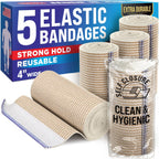 High-Performance Elastic Bandage Wrap - 4” (5pk) - Self-Closing Strong Compression Reusable Bandage Wrap for Leg, Ankles, Wrists, and Knees - for First Aid Kit and After Surgery Recovery - Latex Free