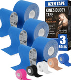 AZEN 3 Rolls Kinesiology Tape, 16.4 ft Waterproof Kinetic Tape for Joints Support and Muscle Pain Relief, Knee Tape, Uncut Muscle Tape, Athletic Tape - Blue