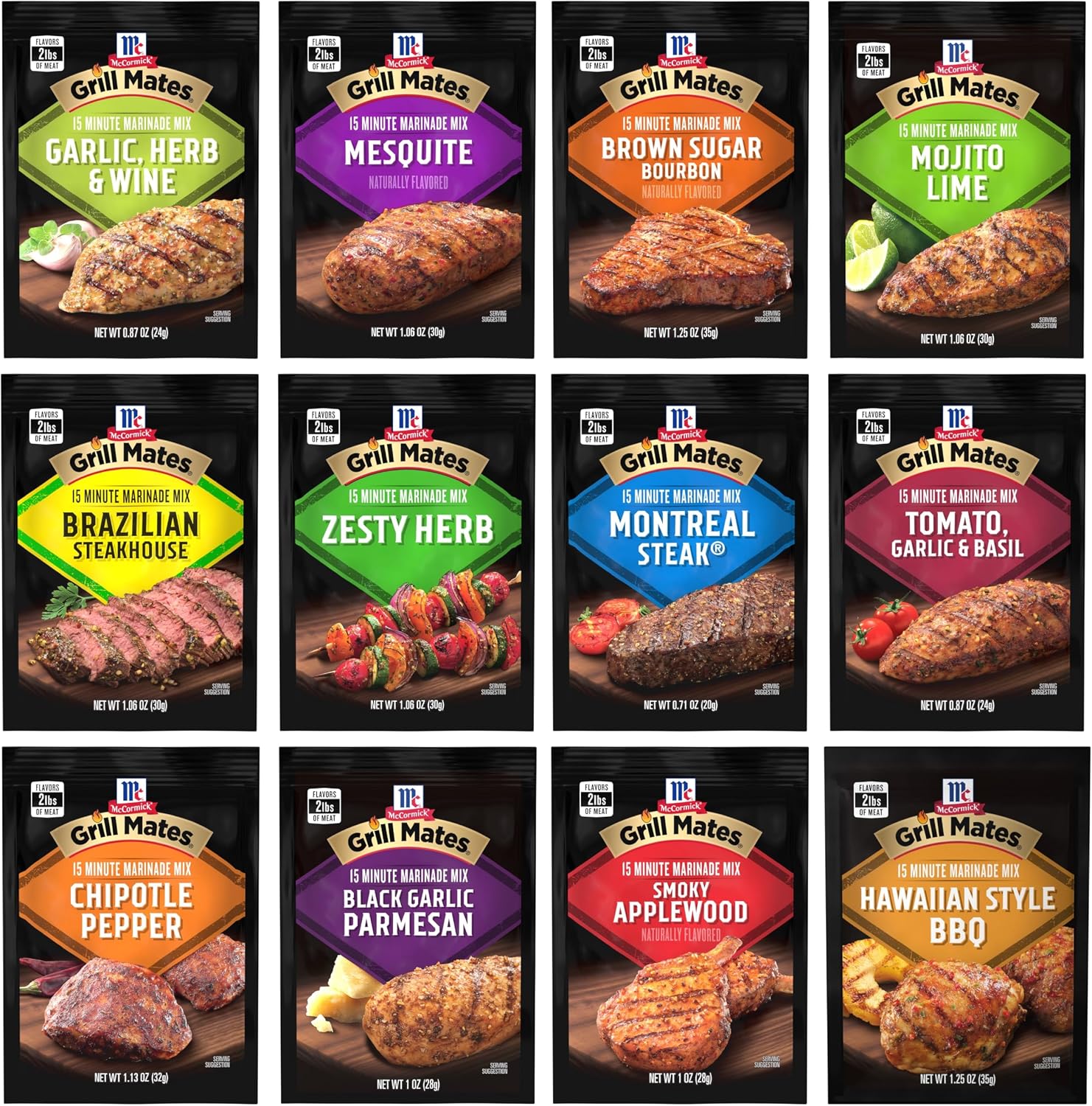 McCormick Grill Mates Marinade Mix Variety Pack, Includes 12 Marinade Mixes, Sweet, Smoky, Spicy, and Savory Flavors, For Chicken, Beef, Pork, Shrimp, Veggies, and More, 12.32 oz