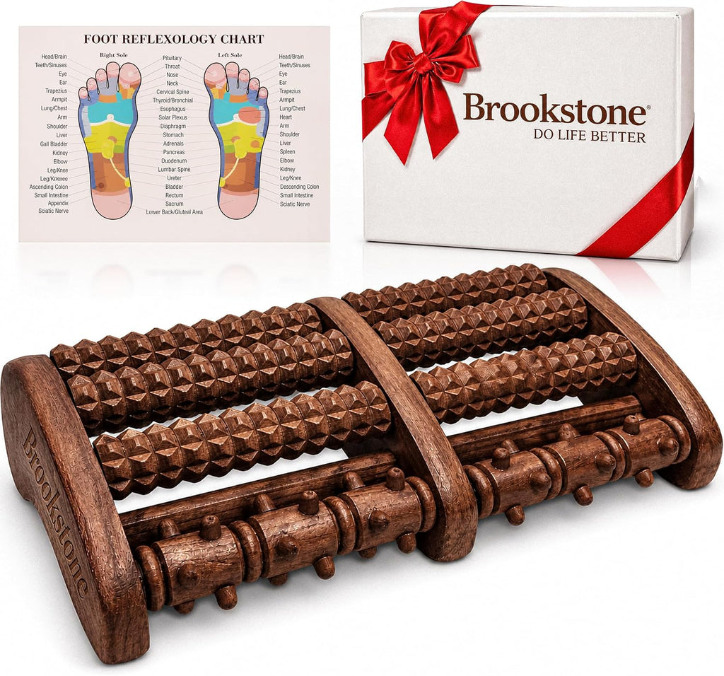 Brookstone Foot Massager Roller Plantar Fasciitis Pain Relief - Wooden Under Desk Feet Massage - Dual Manual Heel Massagers - Wood Rolling Acupressure Tool with Reflexology Guide - Gift for Men, Women