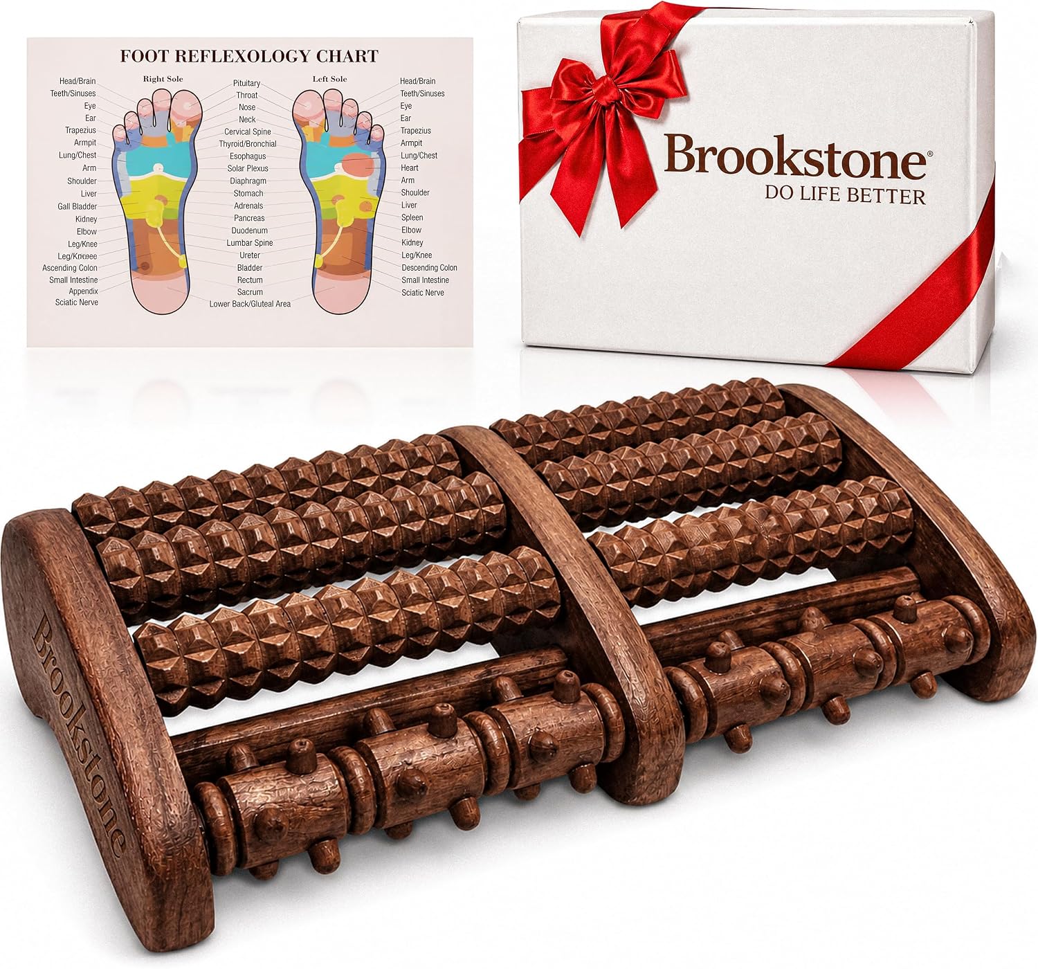 Brookstone Foot Massager Roller Plantar Fasciitis Pain Relief - Wooden Under Desk Feet Massage - Dual Manual Heel Massagers - Wood Rolling Acupressure Tool with Reflexology Guide - Gift for Men, Women