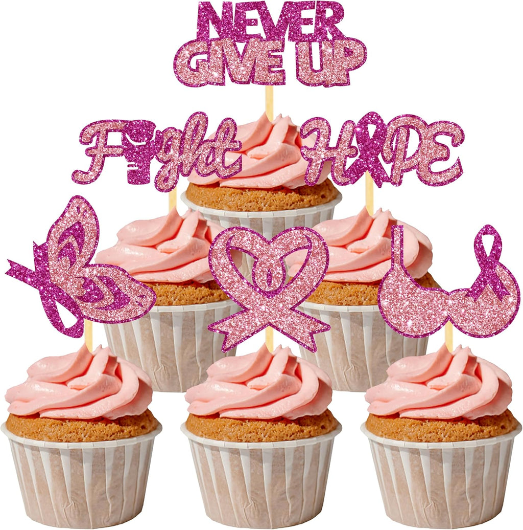 24 Pcs Rose Pink Glitter Breast Cancer Awareness Cupcake Toppers for Fight Hope Breast Cancer Party Cake Decorations, Awareness Month and Survivor Party Supplies