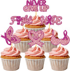24 Pcs Rose Pink Glitter Breast Cancer Awareness Cupcake Toppers for Fight Hope Breast Cancer Party Cake Decorations, Awareness Month and Survivor Party Supplies