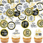 Ercadio 48PCS Edible Happy 50th Birthday Cupcake Toppers Hello 50 Fabulous Cheers to 50 Fifty Cupcake Picks for 50th Birthday Anniversary Party Decorations Supplies