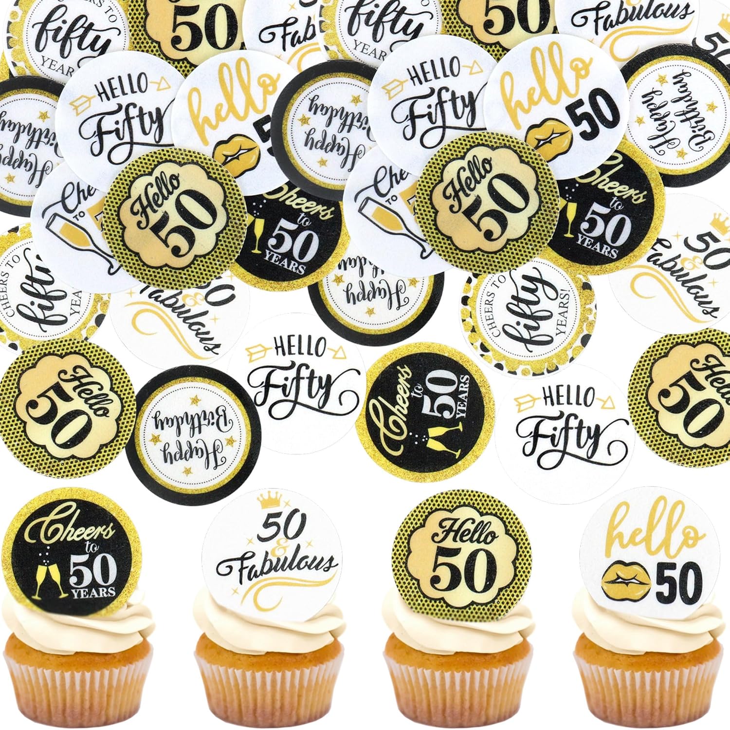 Ercadio 48PCS Edible Happy 50th Birthday Cupcake Toppers Hello 50 Fabulous Cheers to 50 Fifty Cupcake Picks for 50th Birthday Anniversary Party Decorations Supplies
