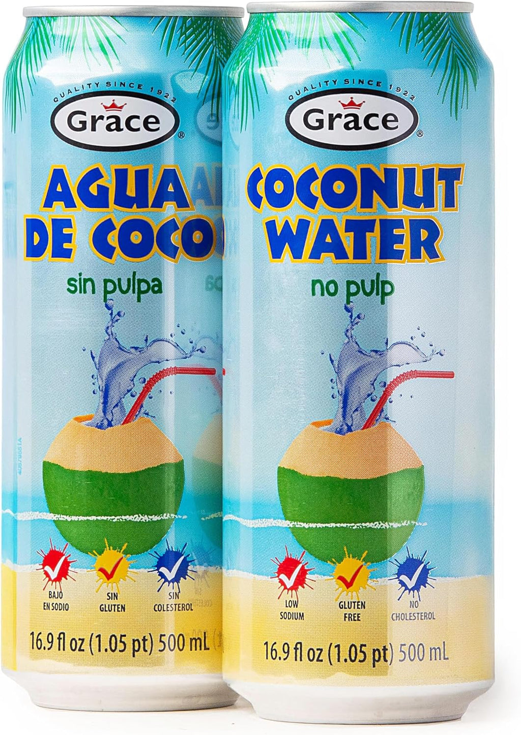 Grace Coconut Water No Pulp 500ml - 2 Pack - Natural Coconut Water Low Sodium - Gluten Free - No Cholesterol - Agua de Coco