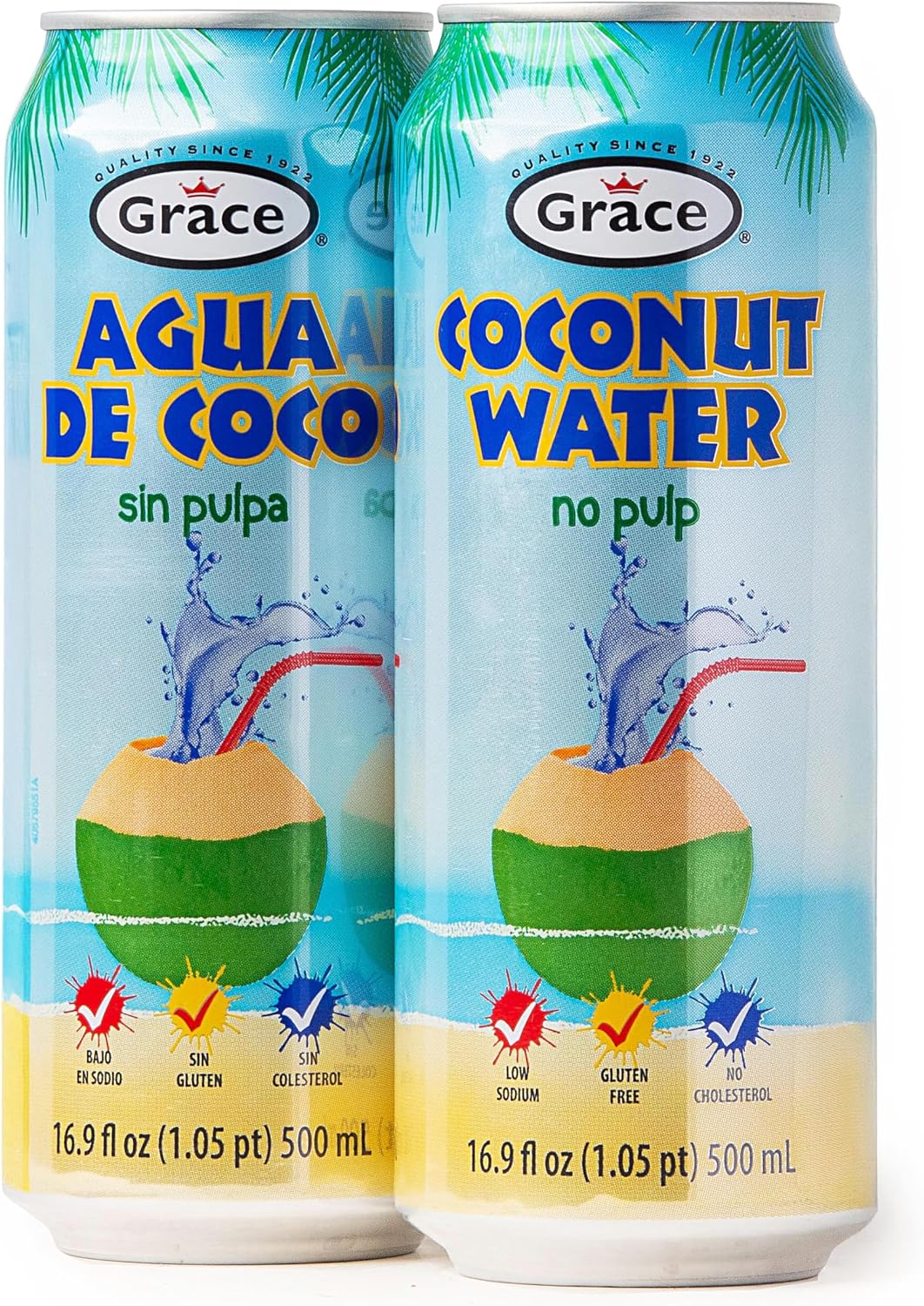 Grace Coconut Water No Pulp 500ml - 2 Pack - Natural Coconut Water Low Sodium - Gluten Free - No Cholesterol - Agua de Coco