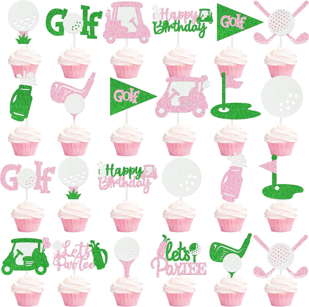 24pcs Glitter Golf Party Cupcake Toppers Golf Birthday Party Decorations for Girls Pink and Green Golf Ball Theme Cake Cupcake Toppers Picks for Golf Let's Partee Party Baby Shower Supplies