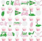 24pcs Glitter Golf Party Cupcake Toppers Golf Birthday Party Decorations for Girls Pink and Green Golf Ball Theme Cake Cupcake Toppers Picks for Golf Let's Partee Party Baby Shower Supplies