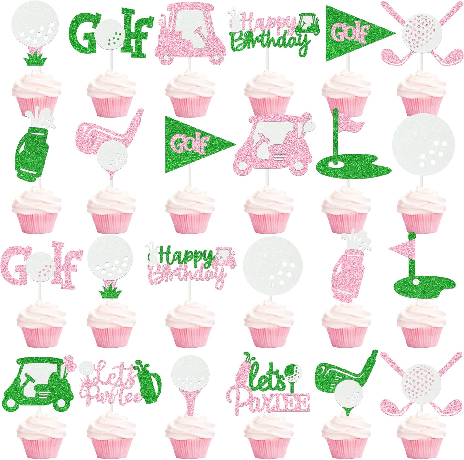24pcs Glitter Golf Party Cupcake Toppers Golf Birthday Party Decorations for Girls Pink and Green Golf Ball Theme Cake Cupcake Toppers Picks for Golf Let's Partee Party Baby Shower Supplies