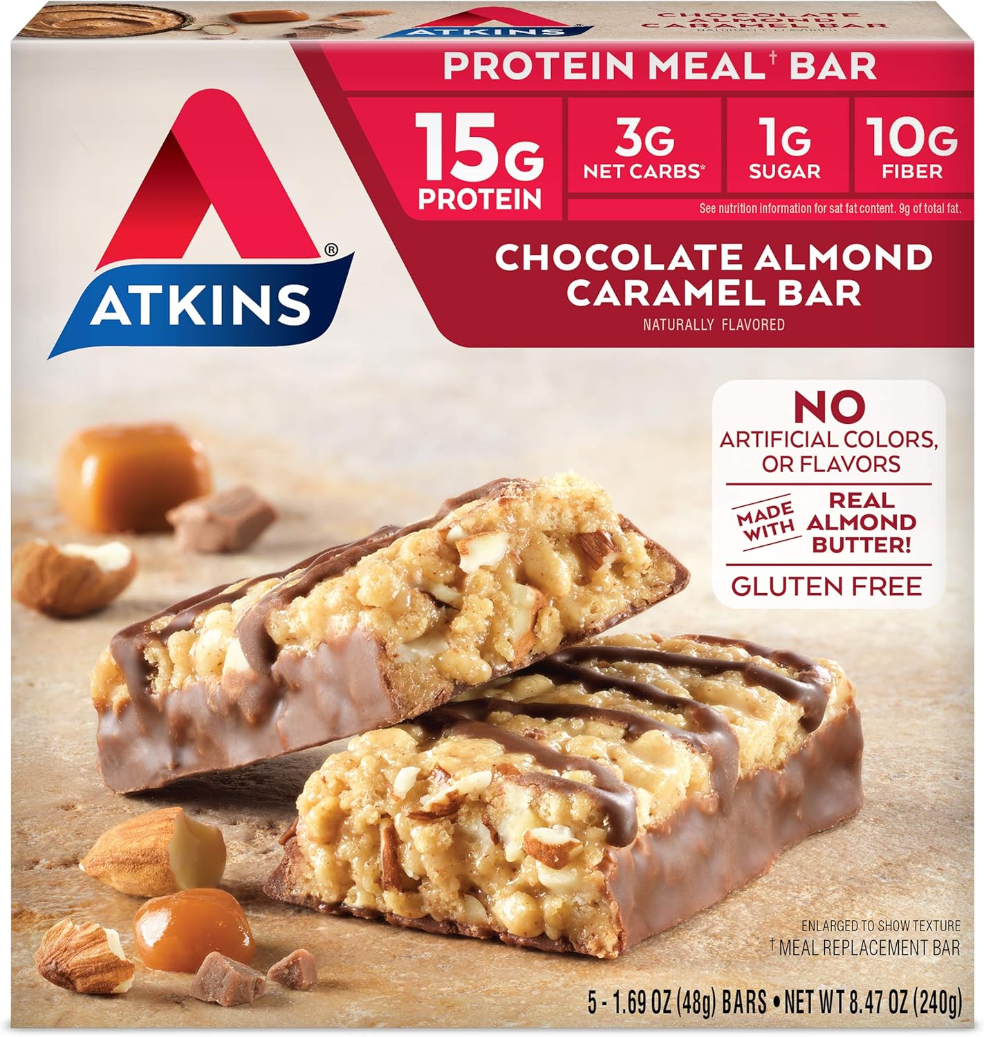 Atkins Chocolate Almond Caramel Bar, Keto-Friendly, Gluten Free with Real Almond Butter, 5 Count (Pack of 1)