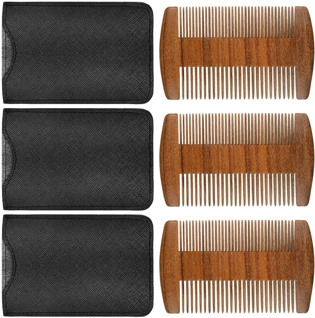 3 Pieces Beard Comb for Men Natural Sandalwood Wooden Mustaches Combs Dual Action Teeth Beard Comb with 3 Pieces Pocket Faux Leather Case for Beards Mustaches(Brown)