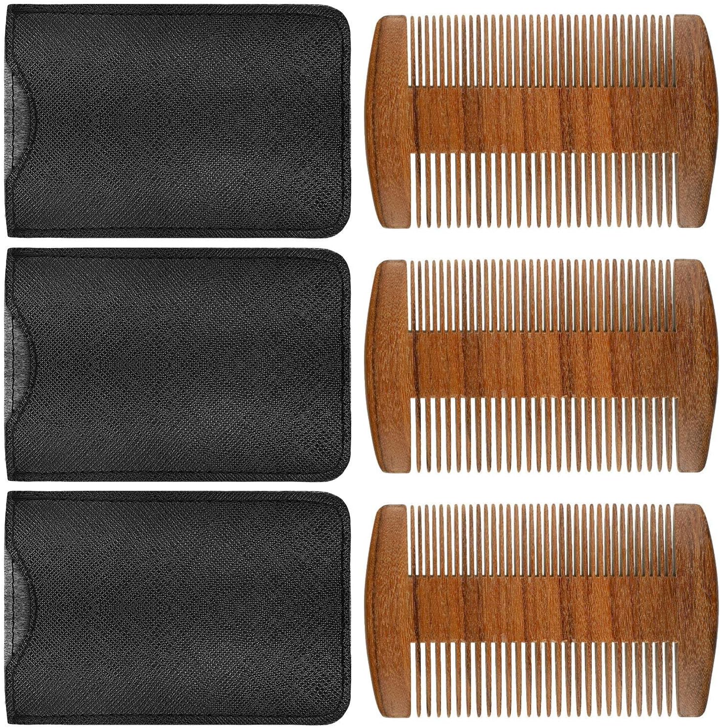 3 Pieces Beard Comb for Men Natural Sandalwood Wooden Mustaches Combs Dual Action Teeth Beard Comb with 3 Pieces Pocket Faux Leather Case for Beards Mustaches(Brown)
