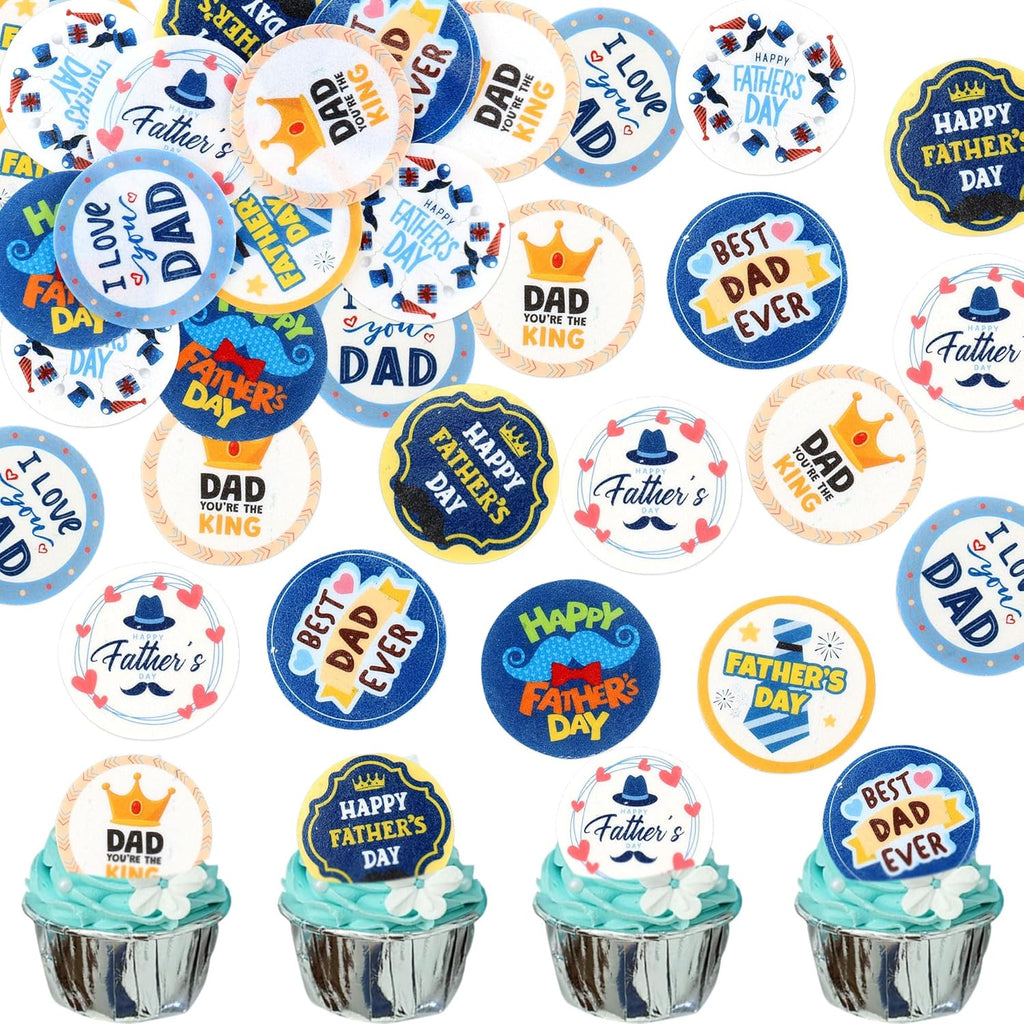 Father’s Day Cake Decorations, 56 Pcs Edible Rice Paper Cupcake Toppers, Dad-Themed Designs for Cake & Dessert Decorations,Party Supplies (Circle 1)