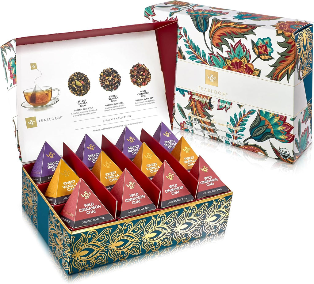 Teabloom Himalaya Chai Gift Set – Organic Chai Tea Sampler with 12 Plant-Based Pyramid Sachets, Elegant Presentation Box for Tea Lovers
