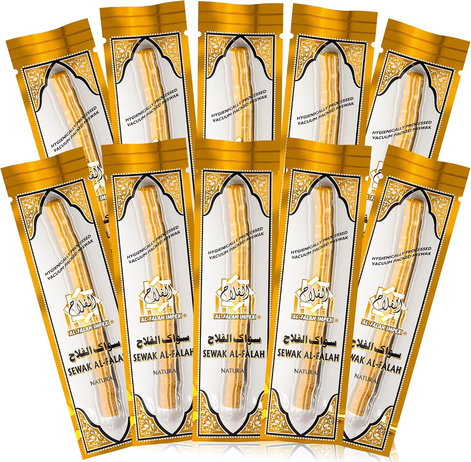SEWAK AL-FALAH Miswak (Traditional Natural Toothbrush) - 10 Pack - Individually Vacuum Sealed for Long-Lasting Freshness – Traditional Oral Care for Deep Cleaning, Whitening, and Plaque Defense