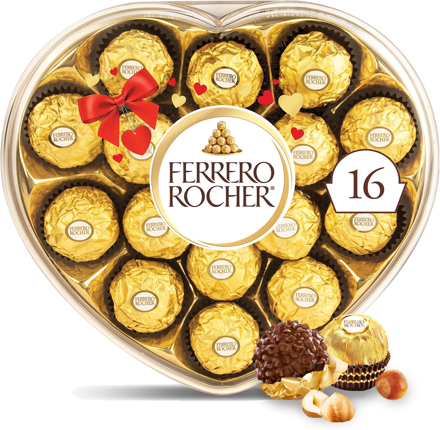 Ferrero Rocher Fine Hazelnut Chocolates, Valentine’s Day Heart Gift Box, 16 Piece Premium Chocolate for Gifting, 7 oz
