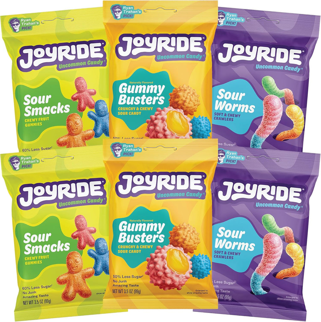 JOYRIDE All Star Variety 6 Pack - Gummy Busters, Sour Smacks, Sour Worms, Low Calorie Gummy Candy, Low Sugar, Dye Free (6 Items)