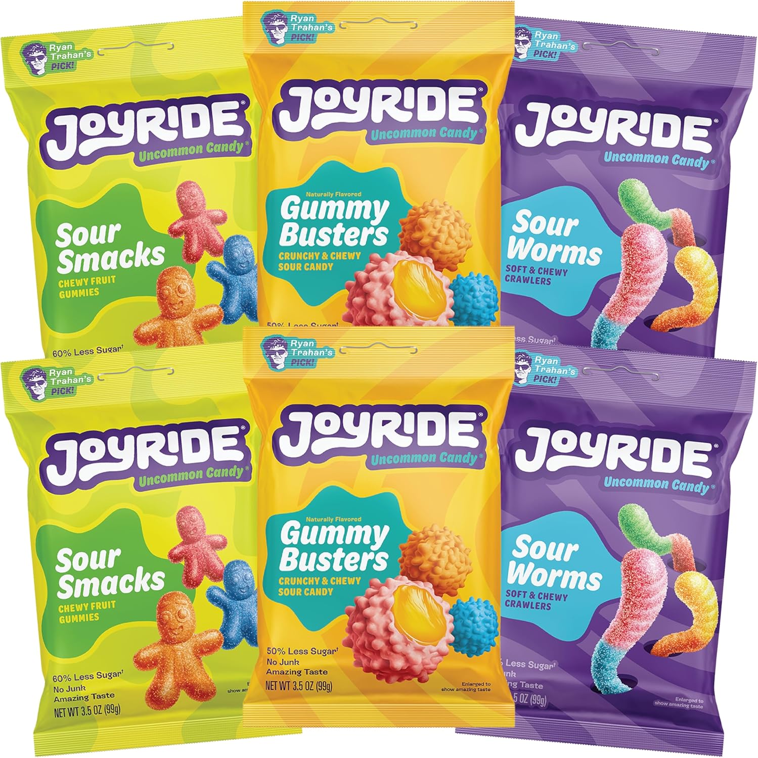 JOYRIDE All Star Variety 6 Pack - Gummy Busters, Sour Smacks, Sour Worms, Low Calorie Gummy Candy, Low Sugar, Dye Free (6 Items)