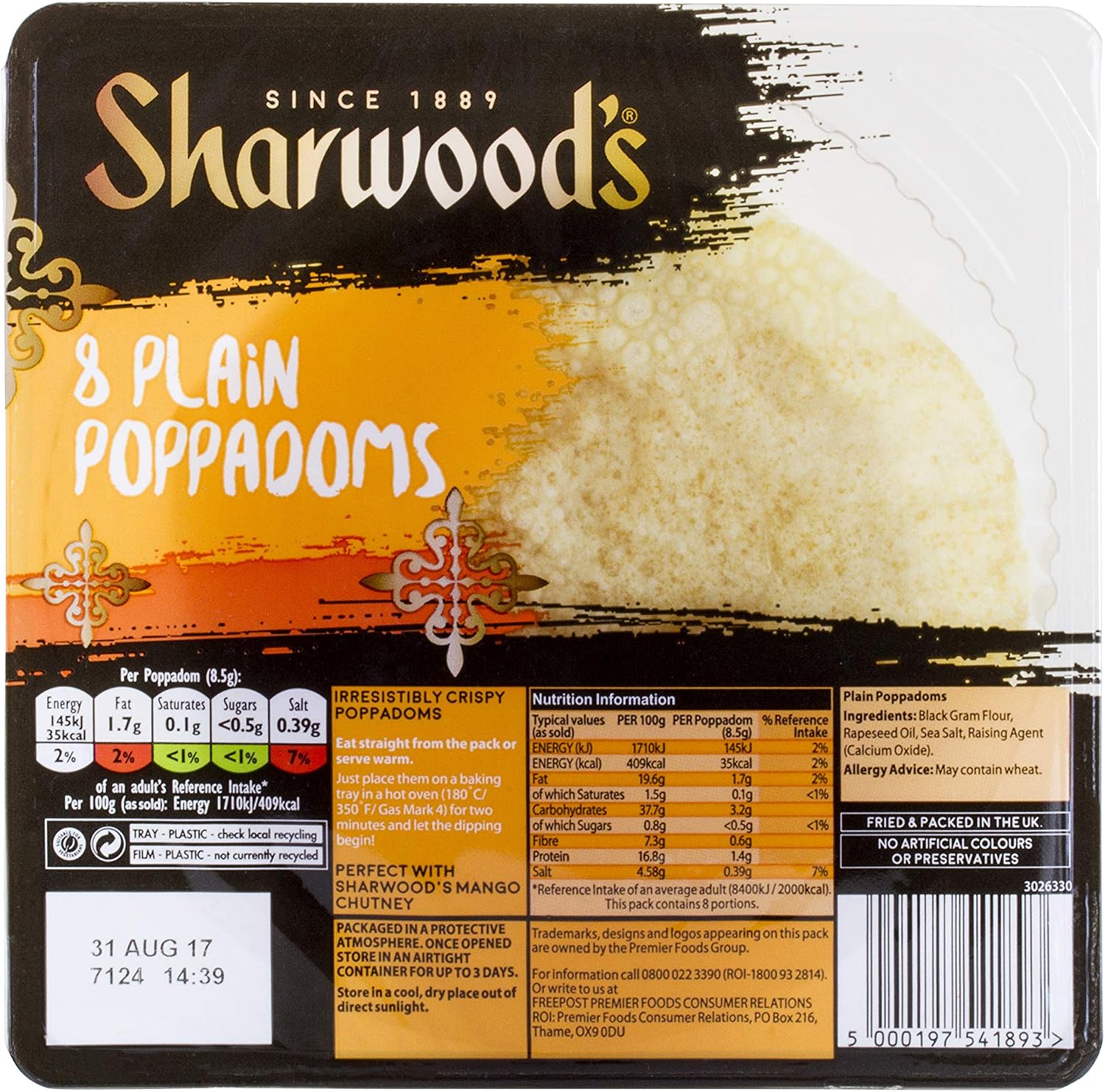 Sharwood's 8 Poppadoms Plain (Pack Of 5)