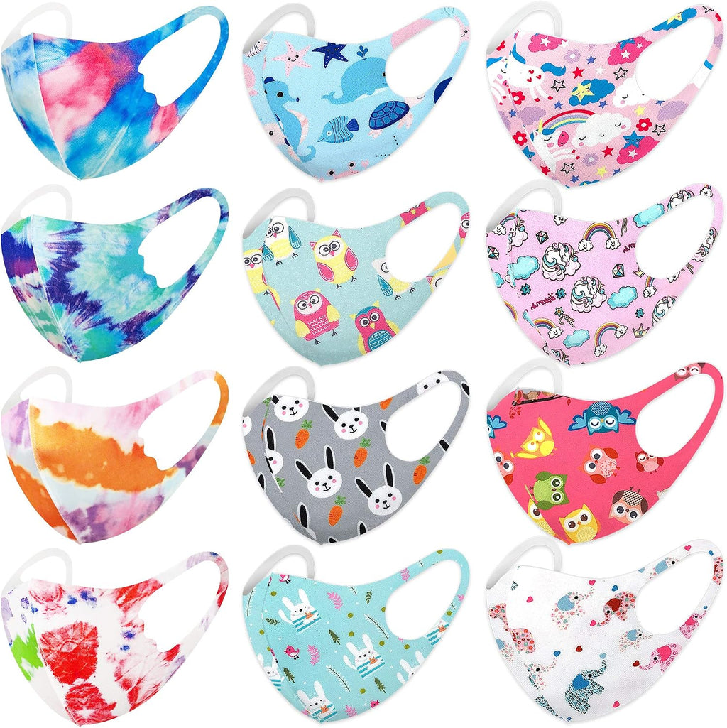 12 Pack Unisex Children Dust Protection, Breathable, Washable and Reusable Face Masks, Boys & Girls (12 PACK, SET VII)