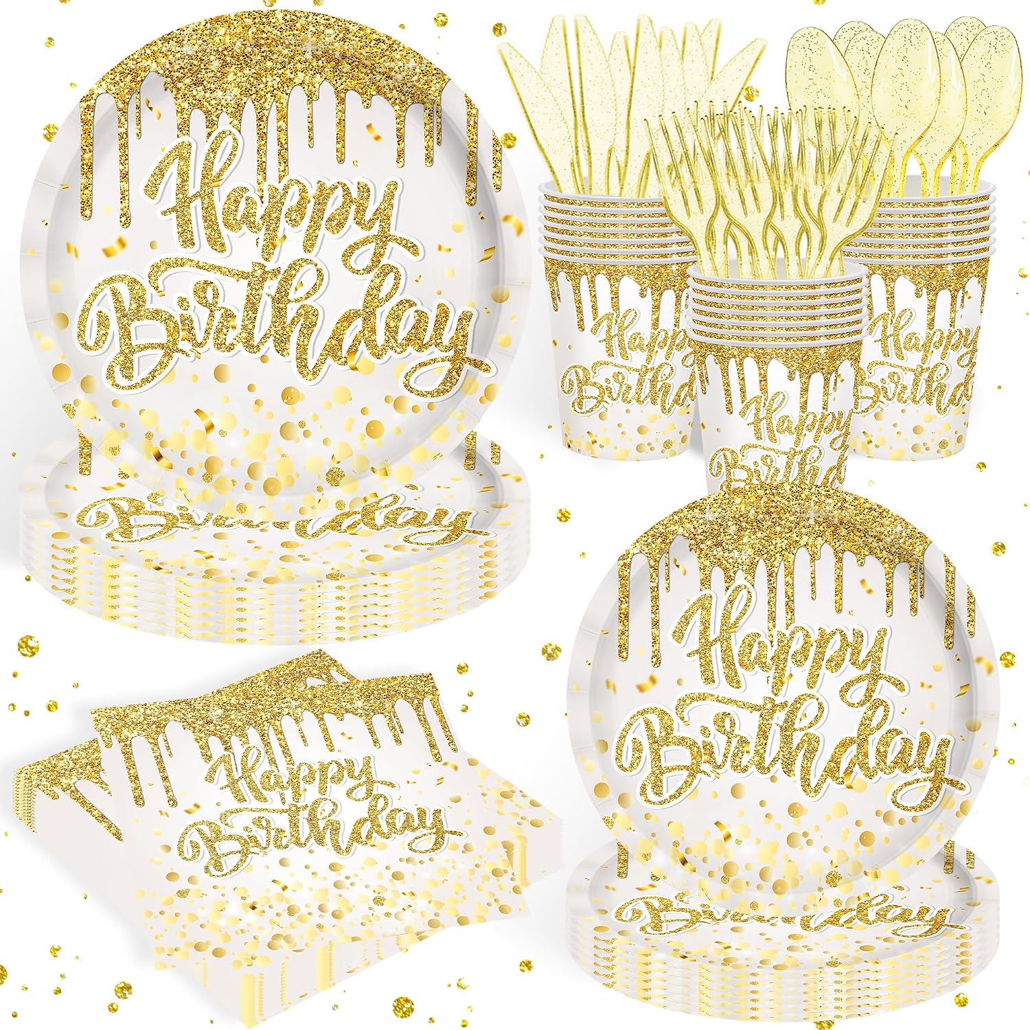 140Pcs Golden Happy Birthday Party Decorations White Gold Paper Plates Napkins Cups Tableware Set Women Men Birthday Themed Party Decor for 20 Guests