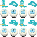 Rsstarxi 30 Pack Cowboy Cupcake Toppers Cowboy Party Cake Decorations Blue Glitter Cowboy Hats Boots Cupcake Picks for Western Theme Baby Shower Birthday Party Decorations Favors