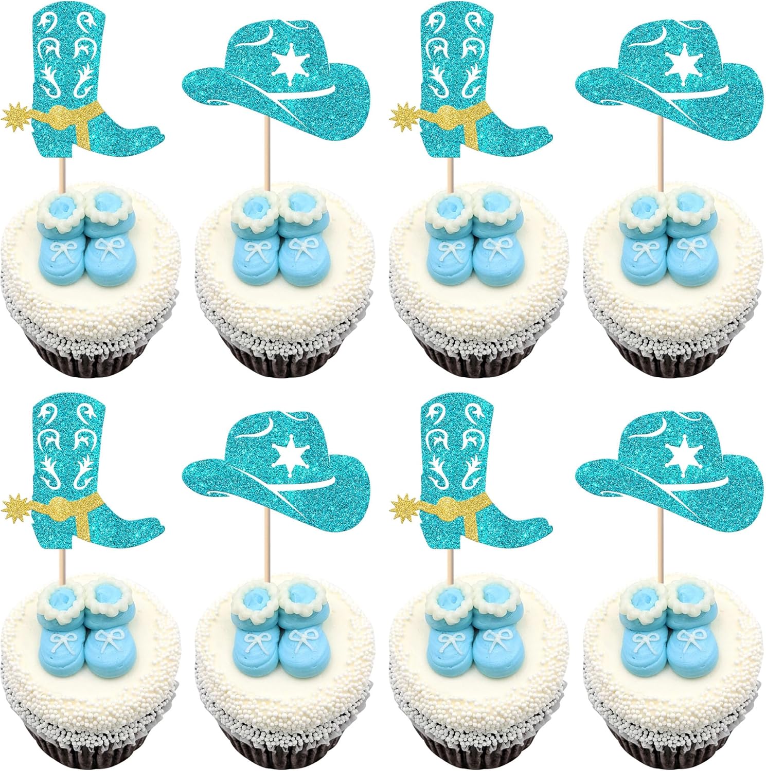 Rsstarxi 30 Pack Cowboy Cupcake Toppers Cowboy Party Cake Decorations Blue Glitter Cowboy Hats Boots Cupcake Picks for Western Theme Baby Shower Birthday Party Decorations Favors
