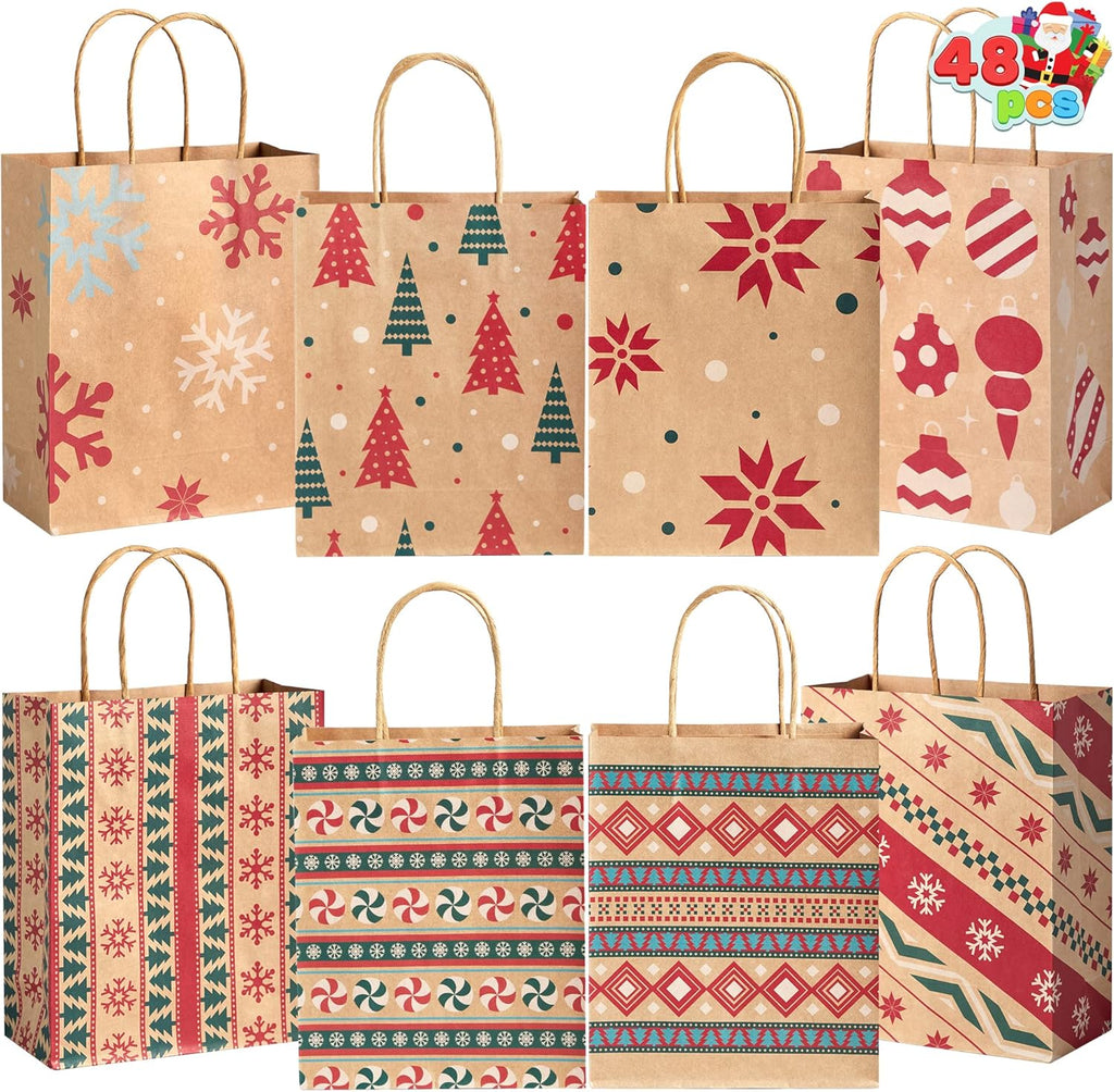 JOYIN 48 PCS Christmas Kraft Bags, Presents Wrapping Goody Treat Candy Bags with Handle Xmas Characters for Christmas Party Favors, Gift Giving, Holidays Decorations, Xmas Treat (7" x 9" x 3.5 ")