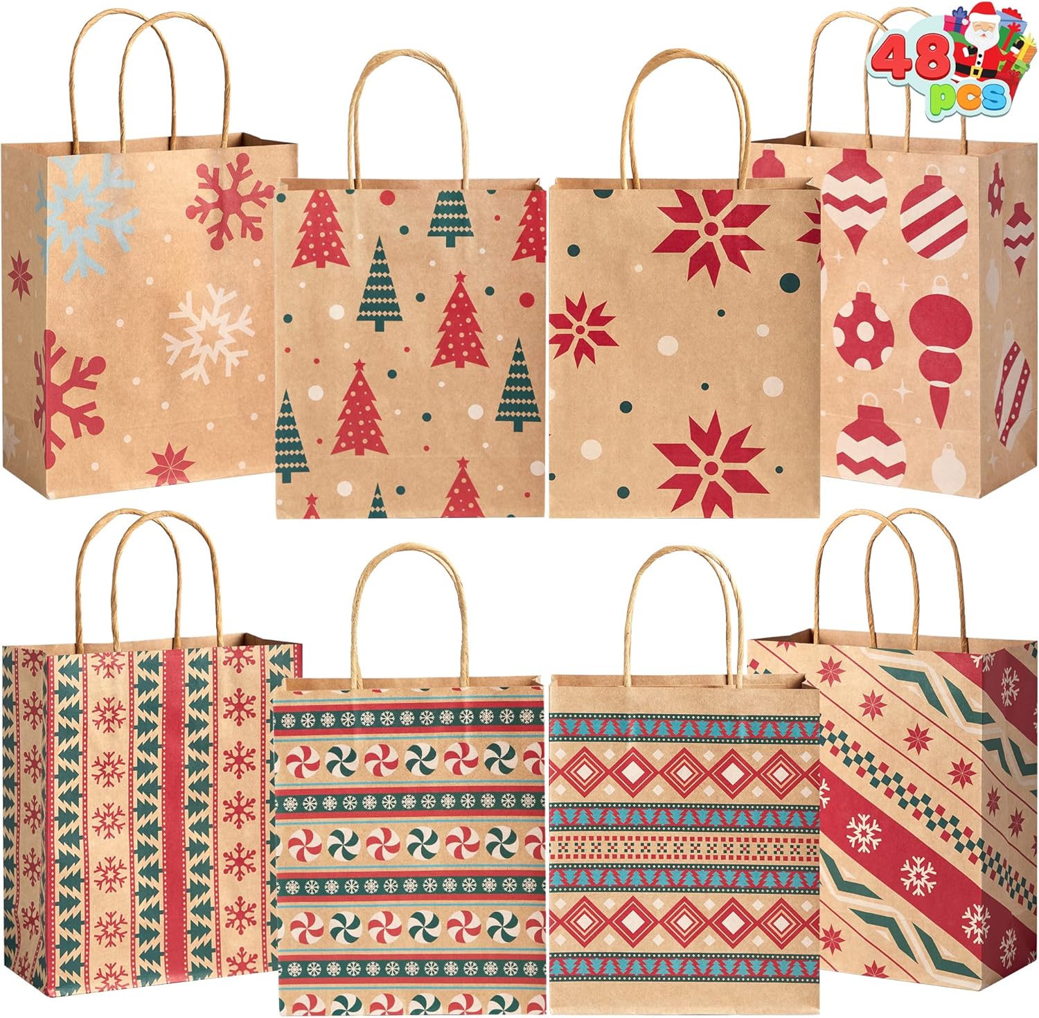 JOYIN 48 PCS Christmas Kraft Bags, Presents Wrapping Goody Treat Candy Bags with Handle Xmas Characters for Christmas Party Favors, Gift Giving, Holidays Decorations, Xmas Treat (7" x 9" x 3.5 ")