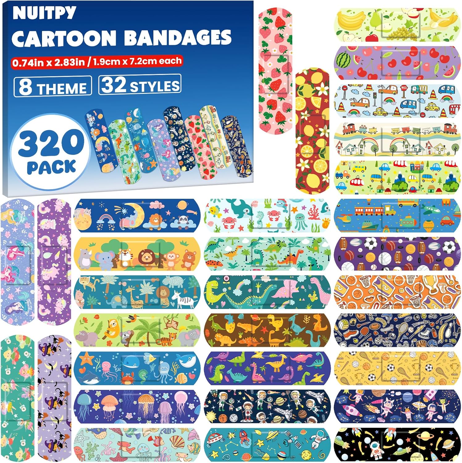 320 Pack Kids Cartoon Bandages, 32 Styles Adhesive Bandages Kid, Flexible Adhesive Colorful Cute Cartoon Bandages for Boys Girls, Waterproof Bandage for Kids Protect Scrapes