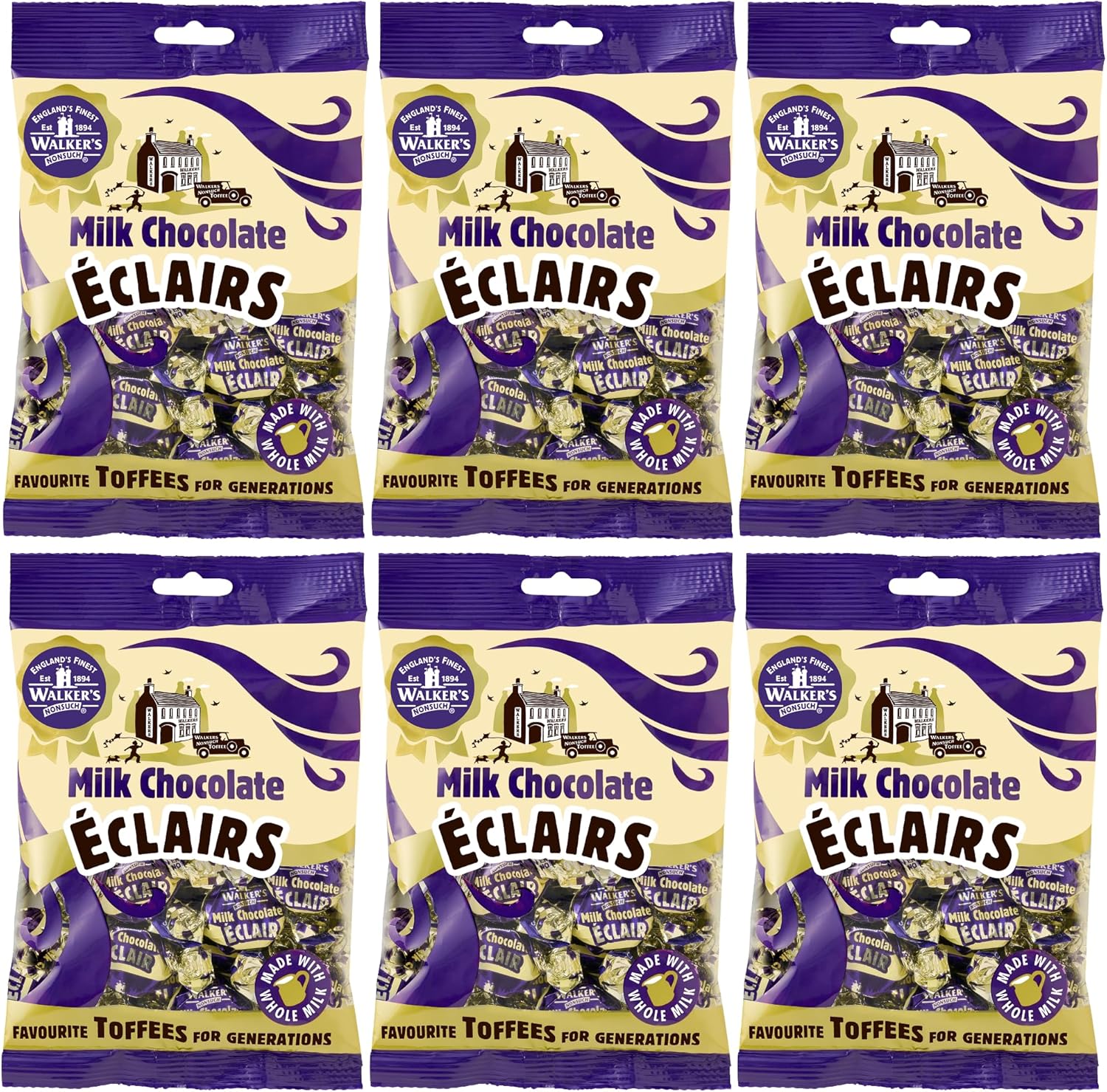Walkers Nonsuch Milk Chocolate Eclairs 5.29 oz (Pack of 6) - Traditional British Chewy Butter Toffee Candy, Classic English Creamy Toffee Sweets, Imported UK Chocolates Gourmet Gift