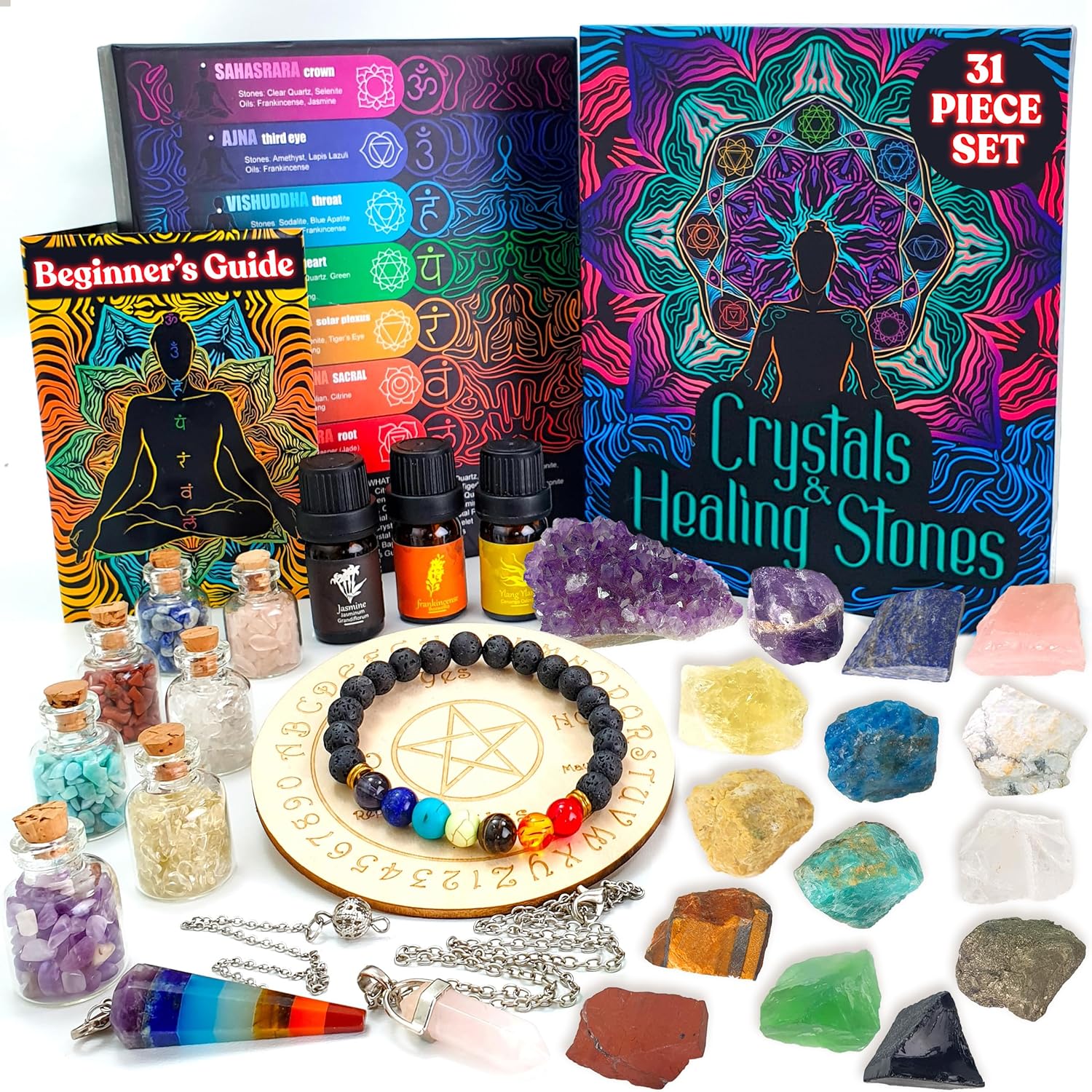 Crystals and Healing Stones Set 31Pcs - Healing Crystals & Stones - 14 Real Raw Chakra Rocks, 7 Gemstones Bottles, 3 Essential Oils,Pendant Necklace, Pendulum Board, Amethyst Cluster, Bracelet & Guide