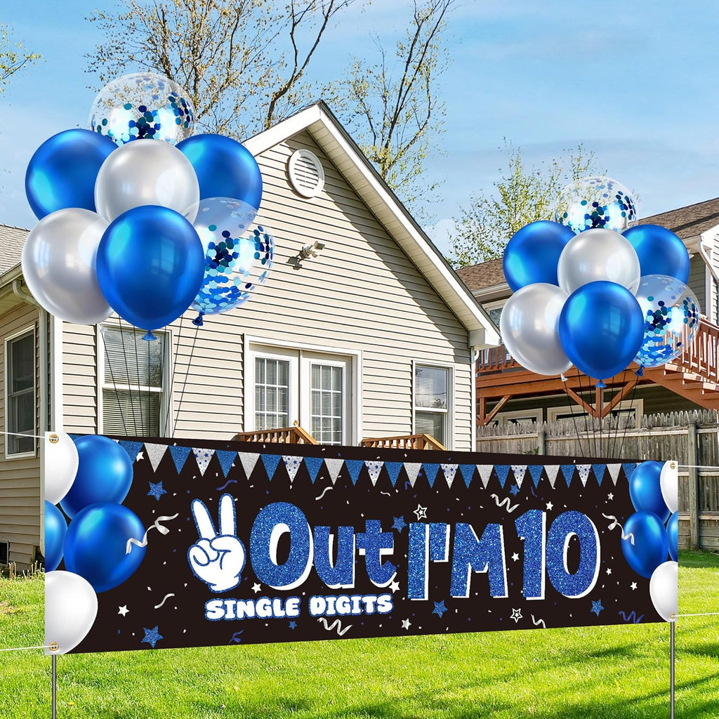 10th Birthday Banner Decorations for Boys and Girls Blue Out Single Digits I’m 10 Birthday Banner Sign with 14 Balloons Kids 10 Years Old Party Yard Sign Decor for Indoor Outdoor