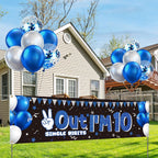 10th Birthday Banner Decorations for Boys and Girls Blue Out Single Digits I’m 10 Birthday Banner Sign with 14 Balloons Kids 10 Years Old Party Yard Sign Decor for Indoor Outdoor