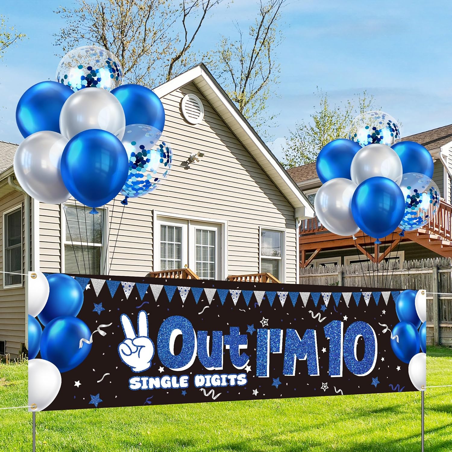 10th Birthday Banner Decorations for Boys and Girls Blue Out Single Digits I’m 10 Birthday Banner Sign with 14 Balloons Kids 10 Years Old Party Yard Sign Decor for Indoor Outdoor
