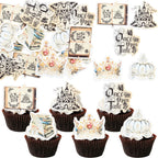 Ephlyn 54Pcs Edible Once Upon A Time Birthday Cupcake Toppers Wafer Paper Fairytale Book Party Castle Opening Magic Book Cupcake Picks for Princess Party Cake Decoration Supplies Gold