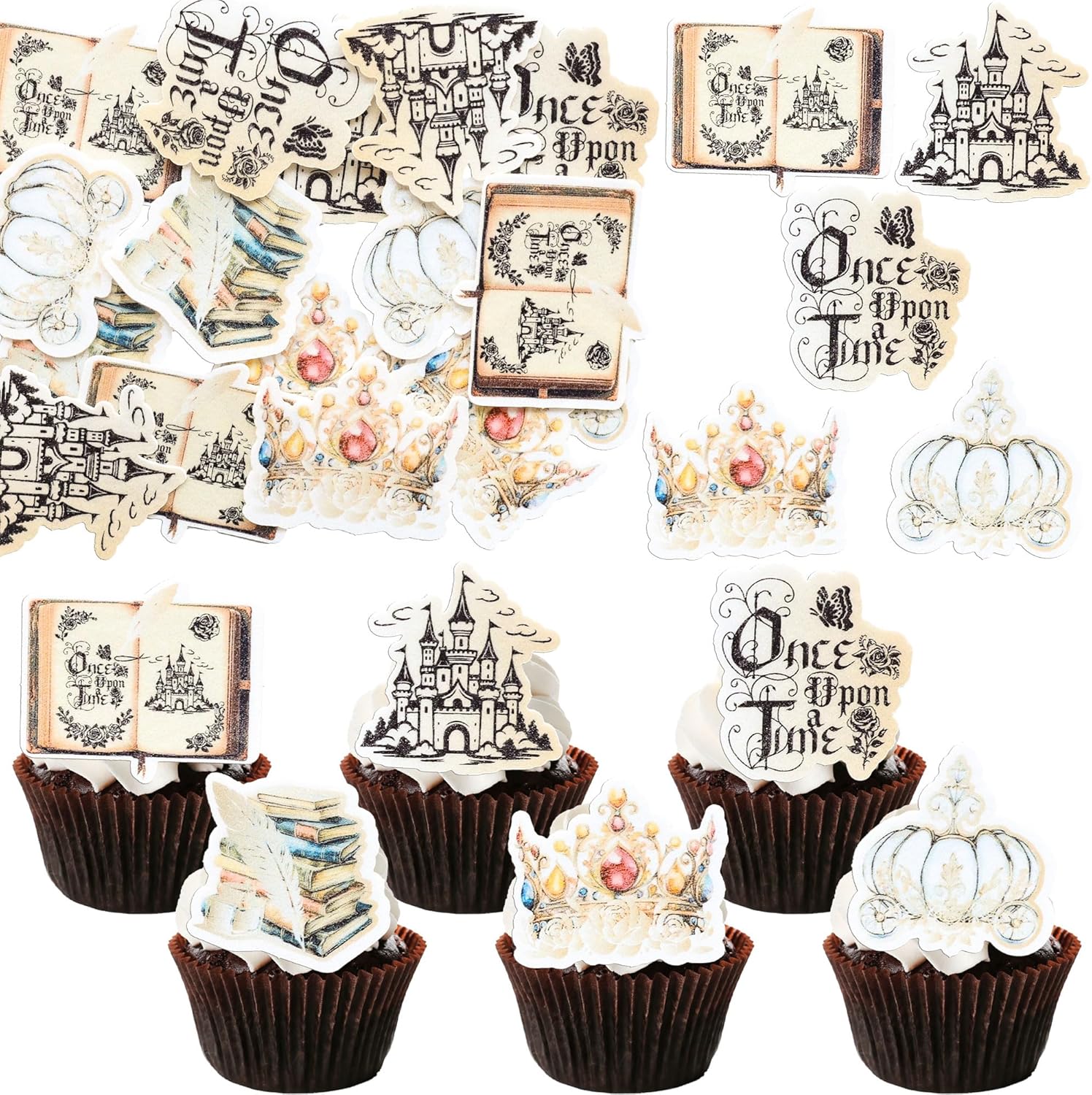Ephlyn 54Pcs Edible Once Upon A Time Birthday Cupcake Toppers Wafer Paper Fairytale Book Party Castle Opening Magic Book Cupcake Picks for Princess Party Cake Decoration Supplies Gold
