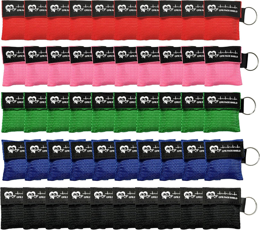 50 Packs CPR Face Shield with Keyring, CPR Pocket Mask Keychain for Emergency Kit with One Way Valve Breathing Barrier for First Aid or ADE Training