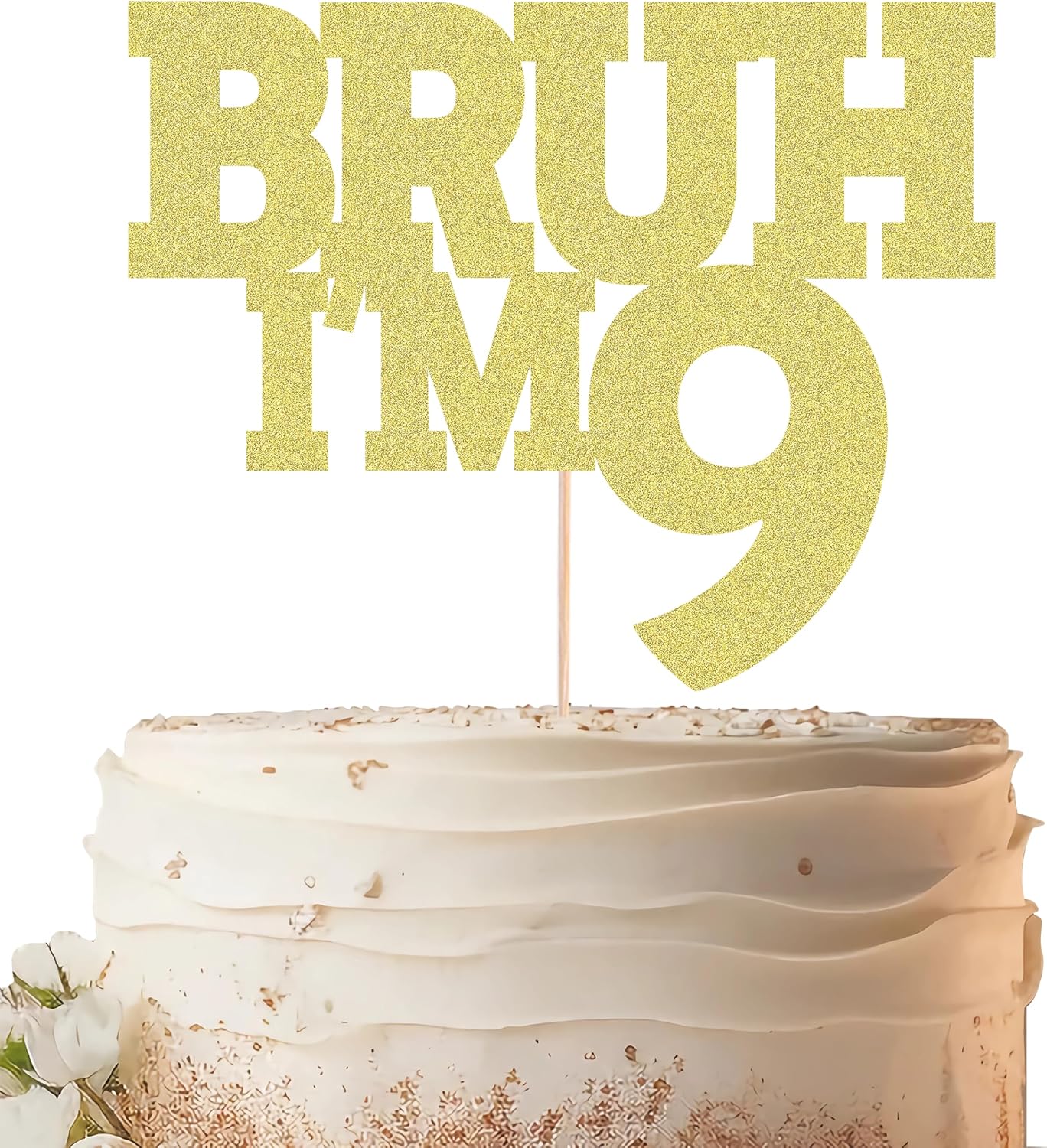 Bruh I'm 9 Cake Topper - Gold Glitter Funny 9th Birthday Cake Decorations for Boys, Bro I'm 9/ Cheers to 9 Years Cake Decor for Brother Birthday Party Supplies Photo Booth Prop