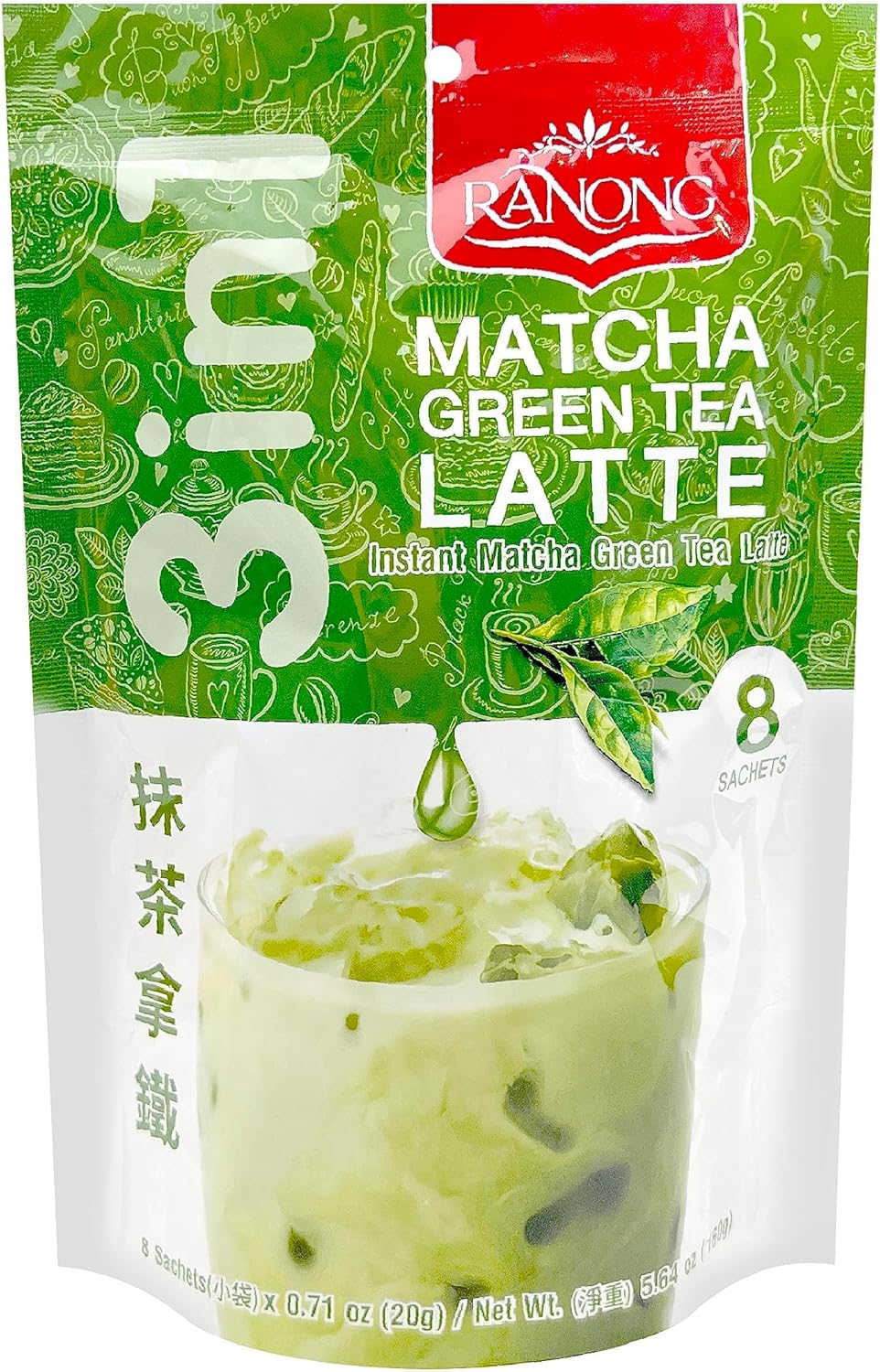 Ranong Tea, 3 in 1 Instant Matcha Green Tea Latte, net weight 160 g (Pack of 1 piece) / 8y KK