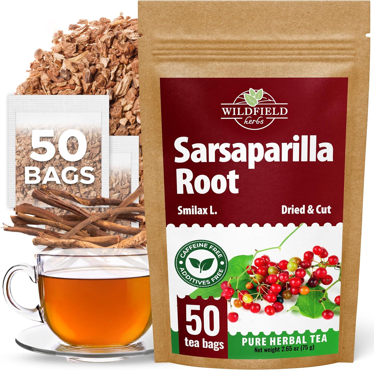 50 Bags Sarsaparilla Root Tea Herbal Tea (Smilax glabra) - 50 Count 1.5g Bag Sasperella Root Herb Tea raíz de zarzaparella